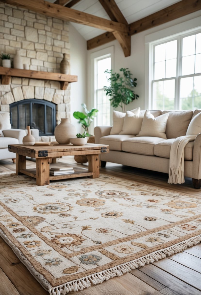 Rustic Farmhouse Living Room Ideas: 21 Stylish Ways to Create a Cozy Space 9 A cozy living room with a beige sofa, wooden coffee table, and a large area rug on a wooden floor, illuminated by natural light from windows.