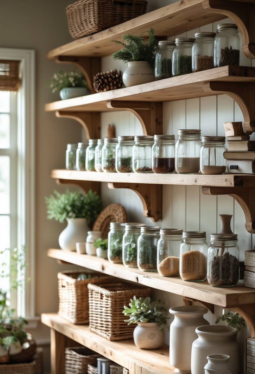 Rustic Farmhouse Living Room Ideas: 21 Stylish Ways to Create a Cozy Space 11 Open wooden shelves with mason jars and decorative items in a living room.