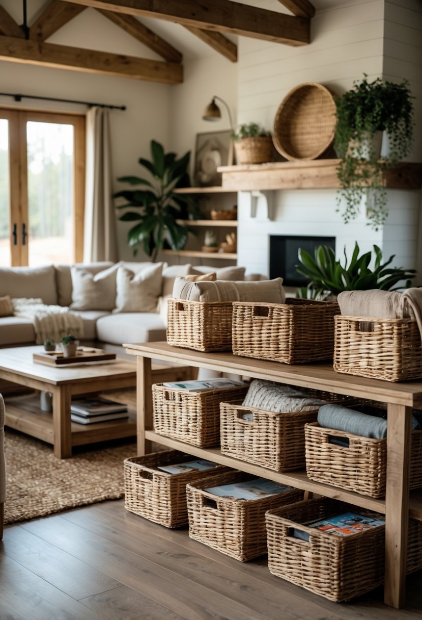 Rustic Farmhouse Living Room Ideas: 21 Stylish Ways to Create a Cozy Space 12 Living room with woven wicker baskets used for organizing household items on shelves and floor near a sofa and coffee table.