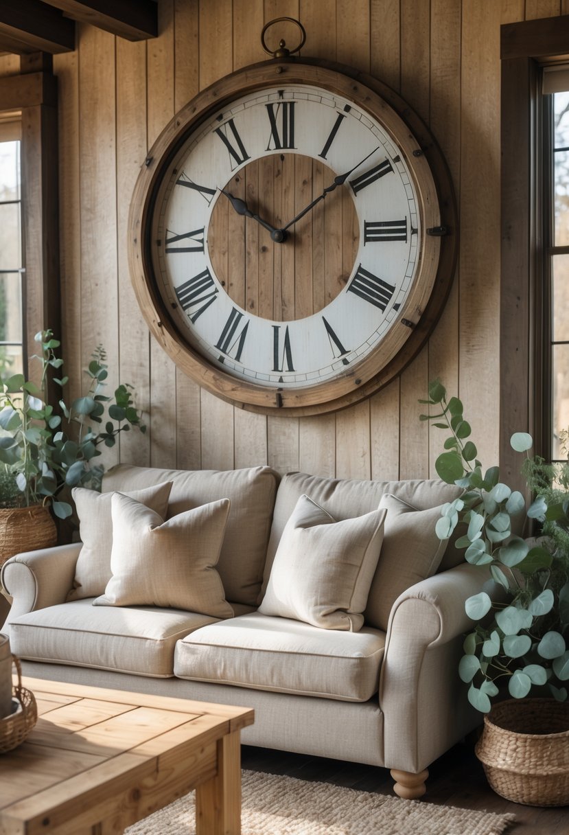 Rustic Farmhouse Living Room Ideas: 21 Stylish Ways to Create a Cozy Space 13 Living room with an antique wall clock above a sofa and wooden furniture.