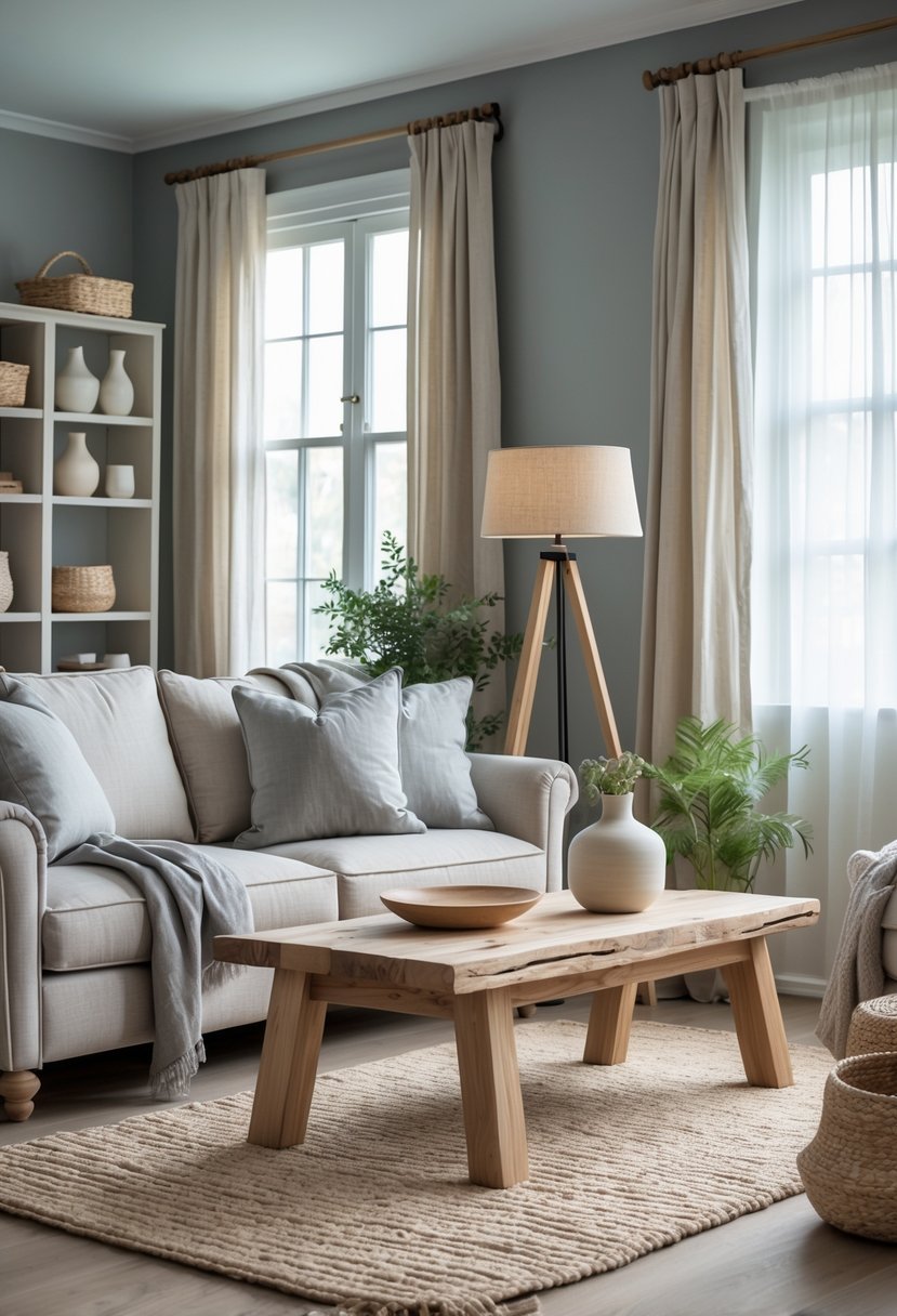 Rustic Farmhouse Living Room Ideas: 21 Stylish Ways to Create a Cozy Space 14 A living room with a beige sofa, wooden coffee table, and soft natural lighting.