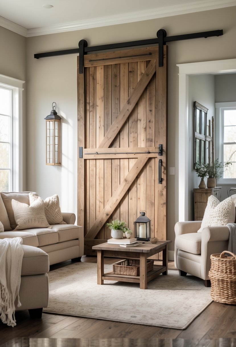 Rustic Farmhouse Living Room Ideas: 21 Stylish Ways to Create a Cozy Space 15 A warm and inviting living room with a wooden sliding barn door, a beige sofa, a wooden coffee table, and natural light filling the space.