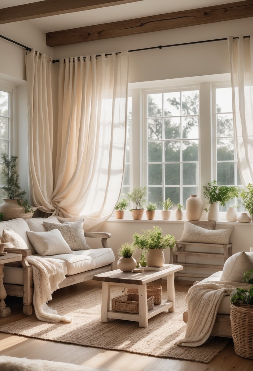 Rustic Farmhouse Living Room Ideas: 21 Stylish Ways to Create a Cozy Space 16 A bright living room with soft linen curtains, wooden furniture, and natural light coming through large windows.
