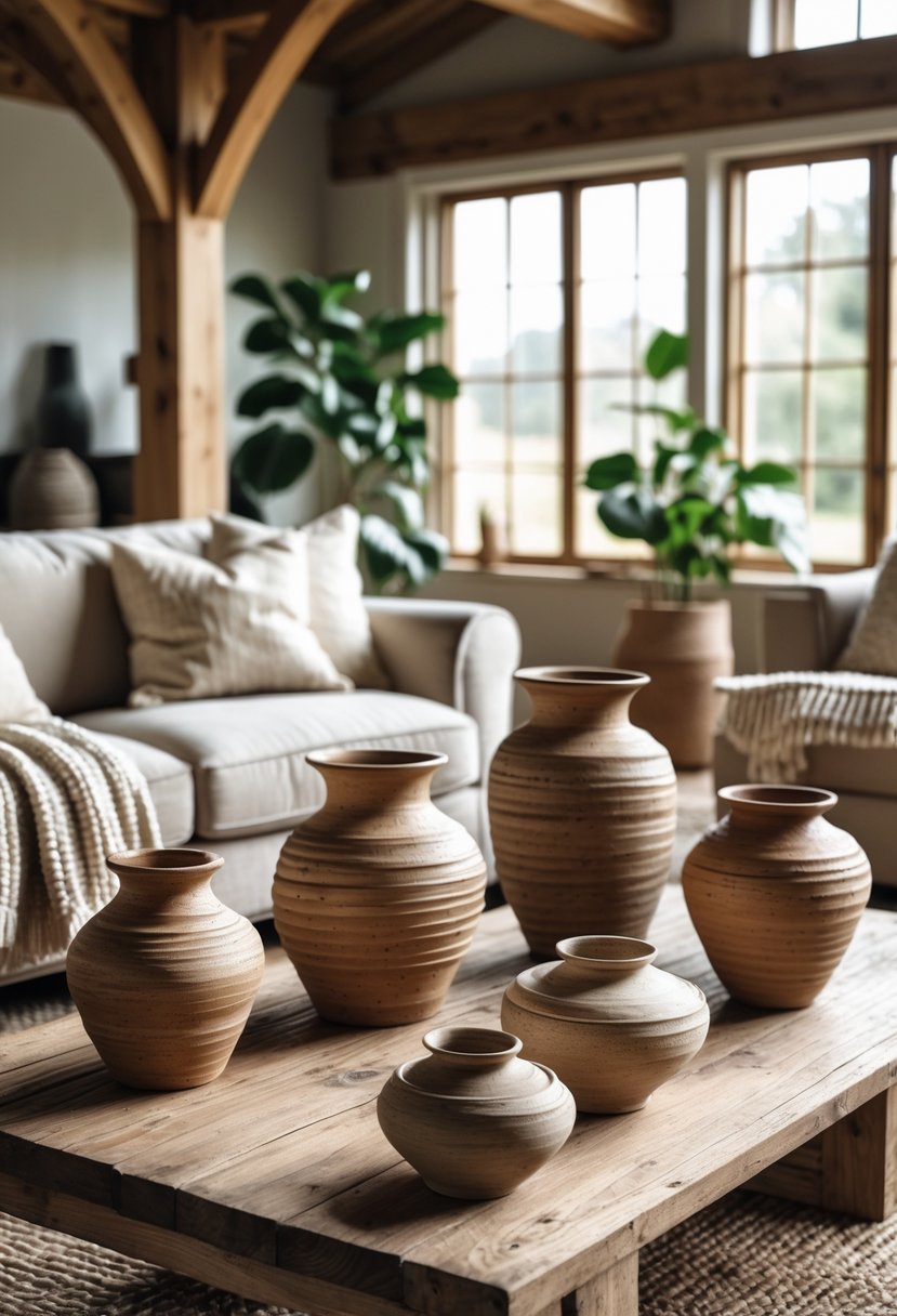Rustic Farmhouse Living Room Ideas: 21 Stylish Ways to Create a Cozy Space 17 A living room with handcrafted pottery vases on a wooden table surrounded by comfortable seating and natural light.