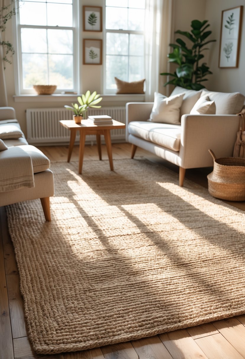 Rustic Farmhouse Living Room Ideas: 21 Stylish Ways to Create a Cozy Space 18 A living room with a natural woven rug on the floor, a beige sofa, wooden coffee table, and sunlight coming through large windows.