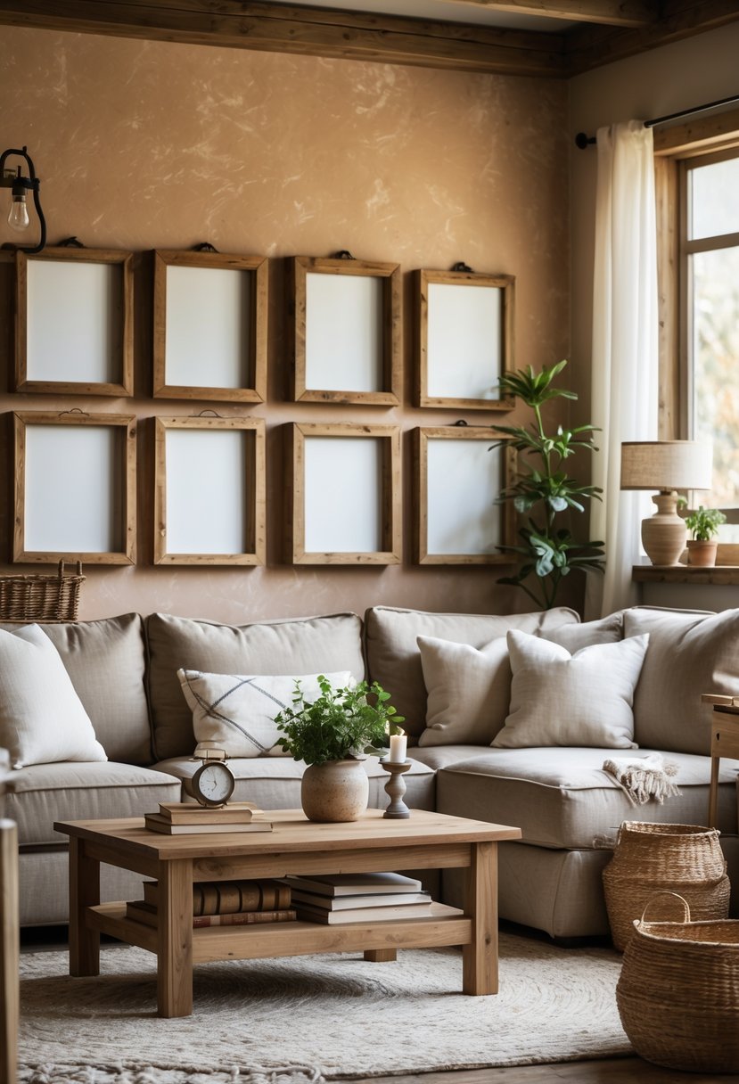 Rustic Farmhouse Living Room Ideas: 21 Stylish Ways to Create a Cozy Space 19 A living room with wooden picture frames on the wall, a sofa with cushions, a coffee table with plants and books, and natural light coming through a window.