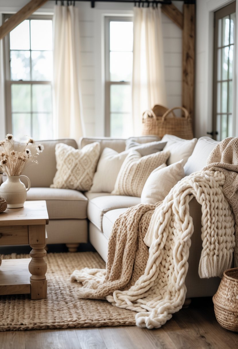 Rustic Farmhouse Living Room Ideas: 21 Stylish Ways to Create a Cozy Space 20 A cozy living room with a sofa covered in chunky knit throw blankets and rustic wooden furniture.