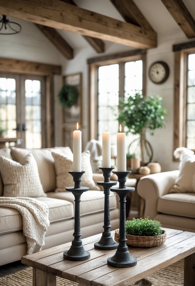 Rustic Farmhouse Living Room Ideas: 21 Stylish Ways to Create a Cozy Space 21 A living room with a wooden coffee table holding two black iron candle holders with white candles, surrounded by a beige sofa, cushions, and natural light coming through windows.
