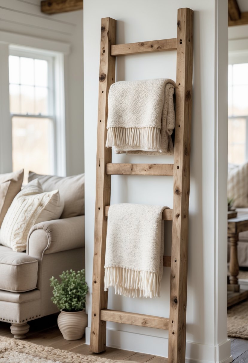 Rustic Farmhouse Living Room Ideas: 21 Stylish Ways to Create a Cozy Space 22 A rustic wooden ladder holding folded blankets in a cozy living room with a sofa and natural light.