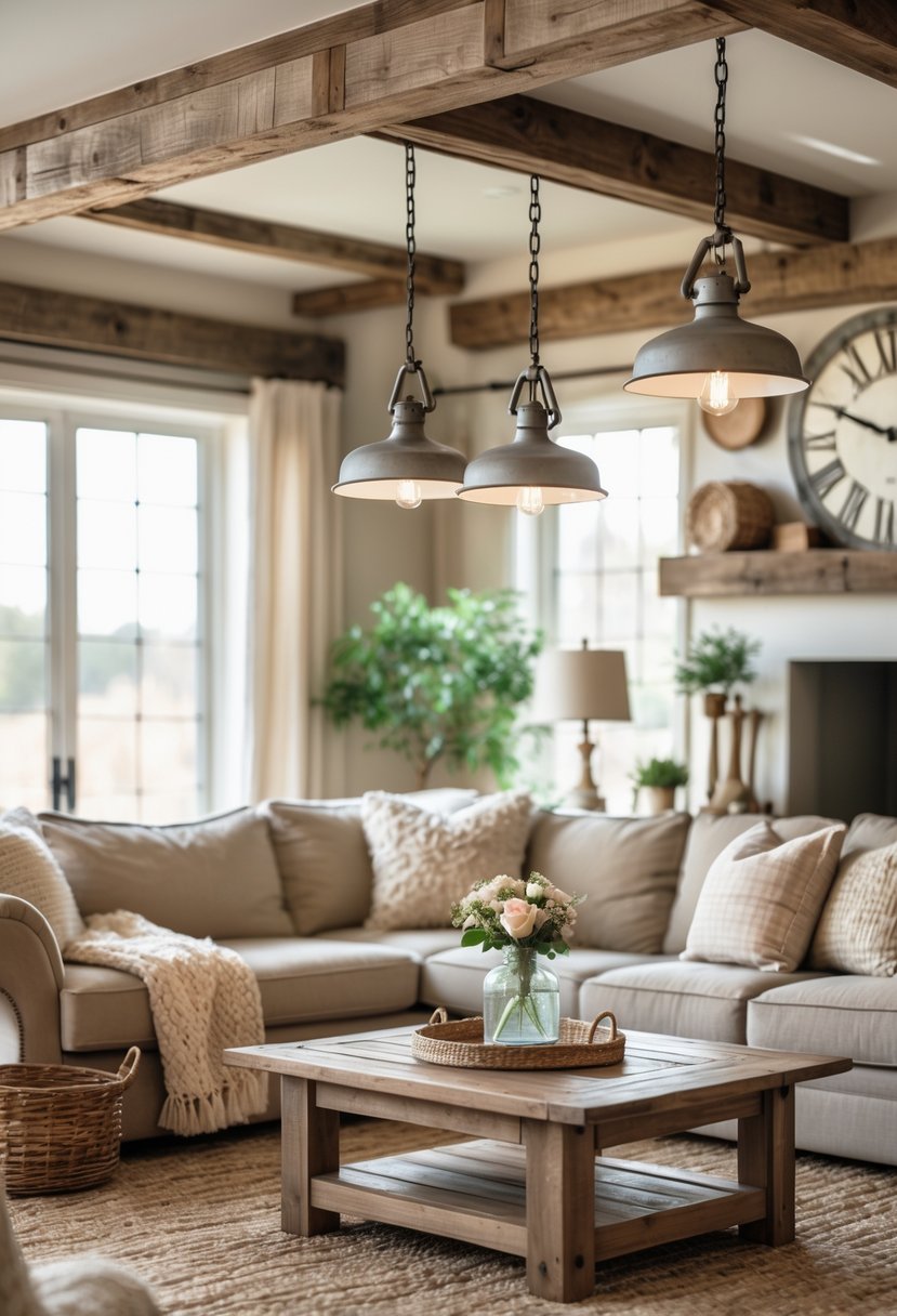 Rustic Farmhouse Living Room Ideas: 21 Stylish Ways to Create a Cozy Space 23 A cozy living room with wooden ceiling beams, hanging pendant lights, a sofa with pillows, and a wooden coffee table with a vase of flowers.
