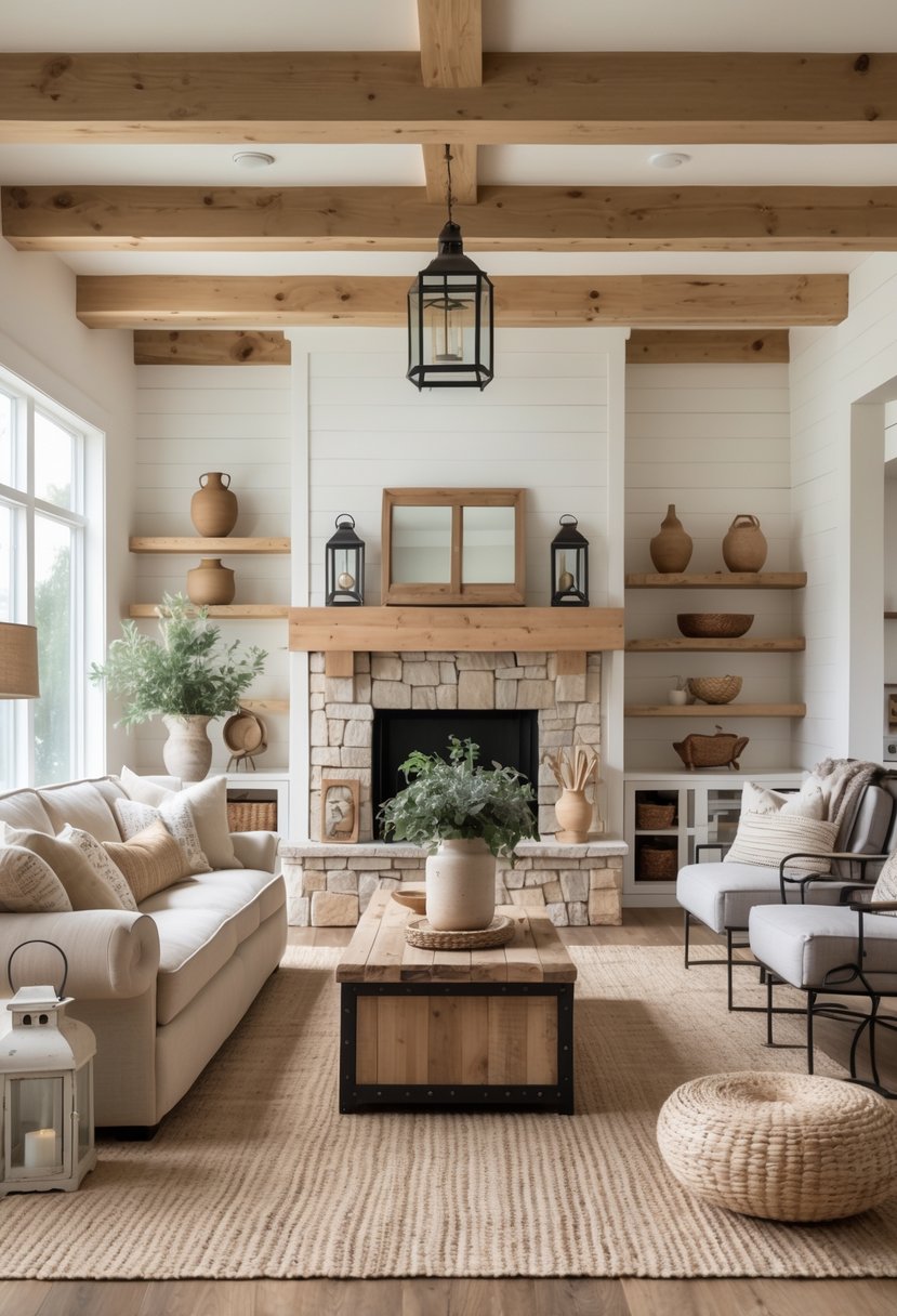 Rustic Farmhouse Living Room Ideas: 21 Stylish Ways to Create a Cozy Space 24 A bright living room with a comfortable sofa, wooden coffee table, stone fireplace, and large windows letting in natural light.