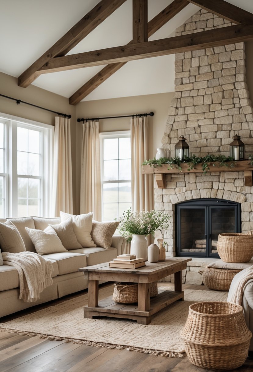 Rustic Farmhouse Living Room Ideas: 21 Stylish Ways to Create a Cozy Space 25 A cozy living room with a sofa, wooden coffee table, stone fireplace, and natural light coming through large windows.
