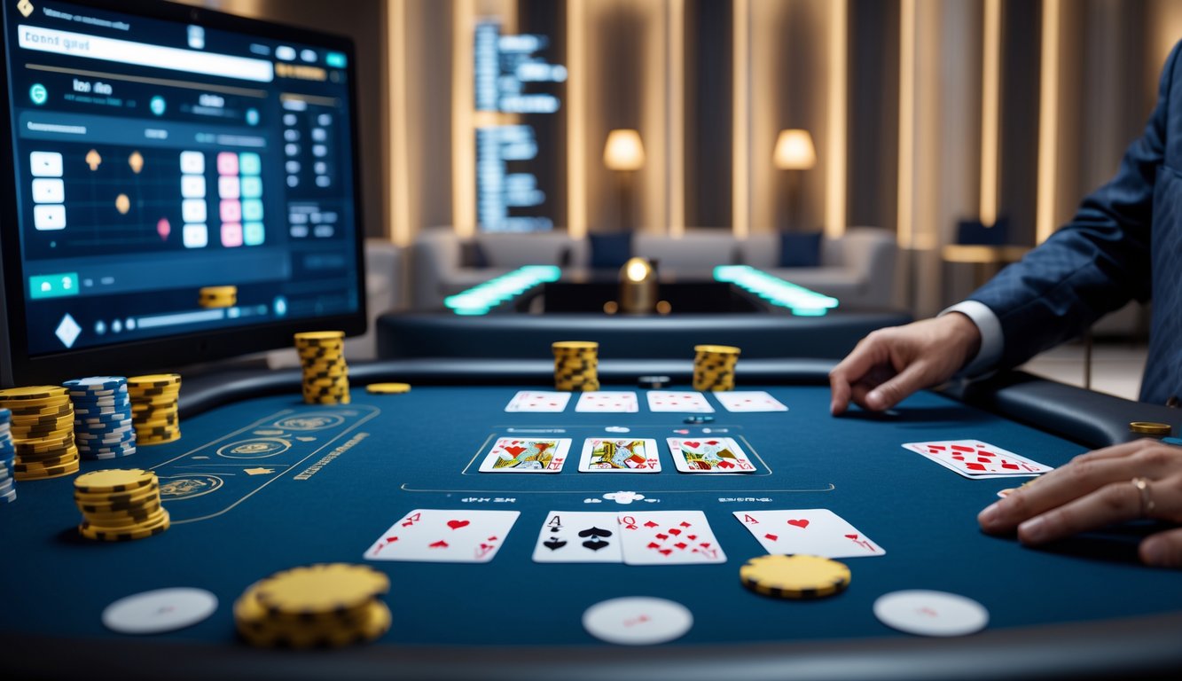Sebuah meja permainan kartu virtual lengkap dengan beberapa tangan pemain di layar komputer dalam ruangan yang terang dan modern.