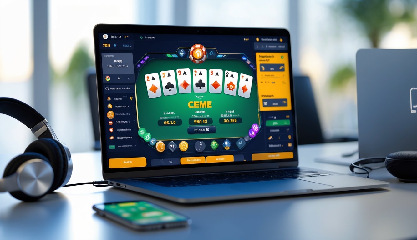 Seorang pengguna sedang bermain permainan kartu online di laptop dengan fitur taruhan interaktif di meja kerja modern.