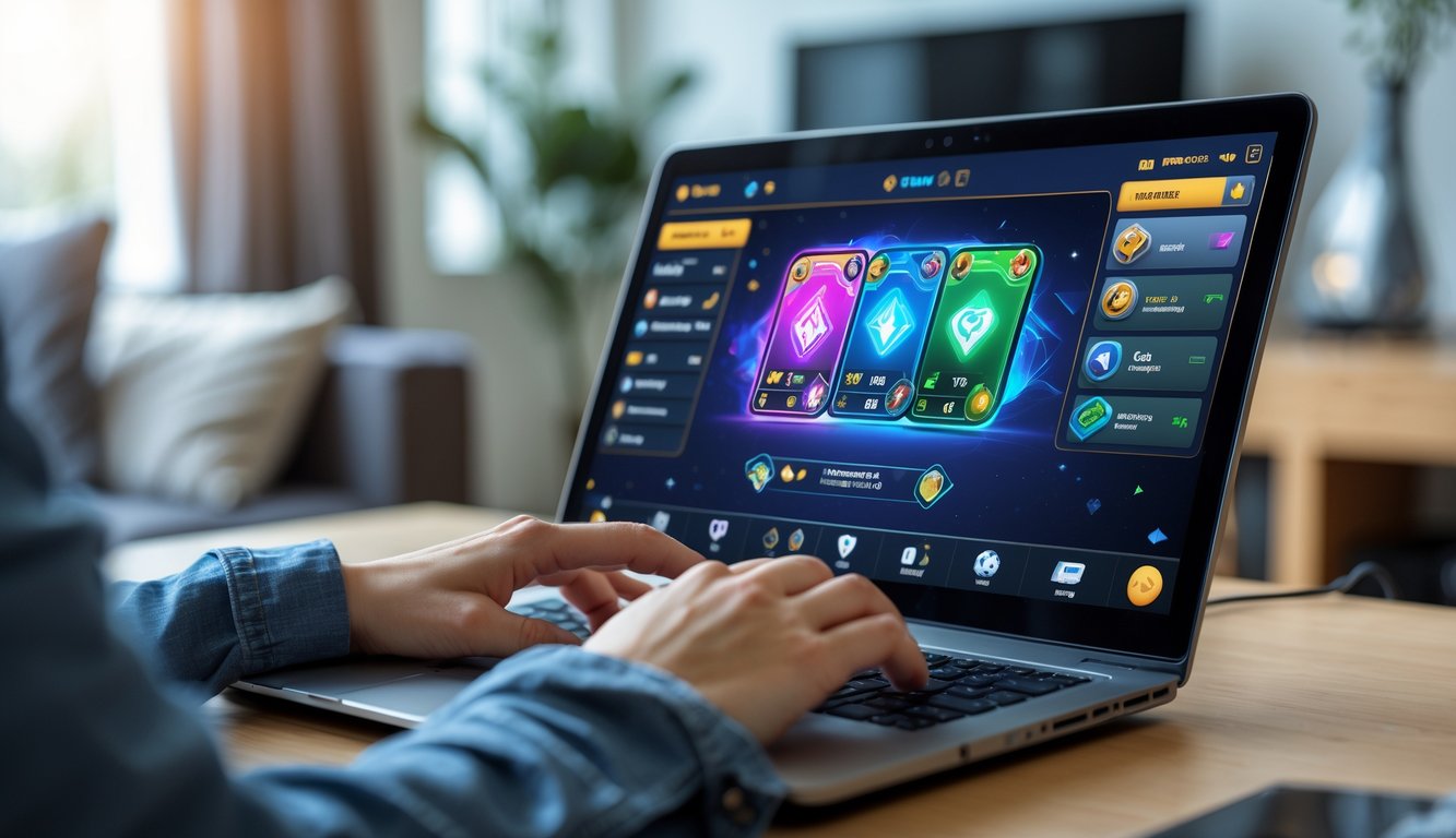 Tangan seseorang sedang bermain permainan kartu online di laptop dengan latar ruangan rumah yang nyaman.