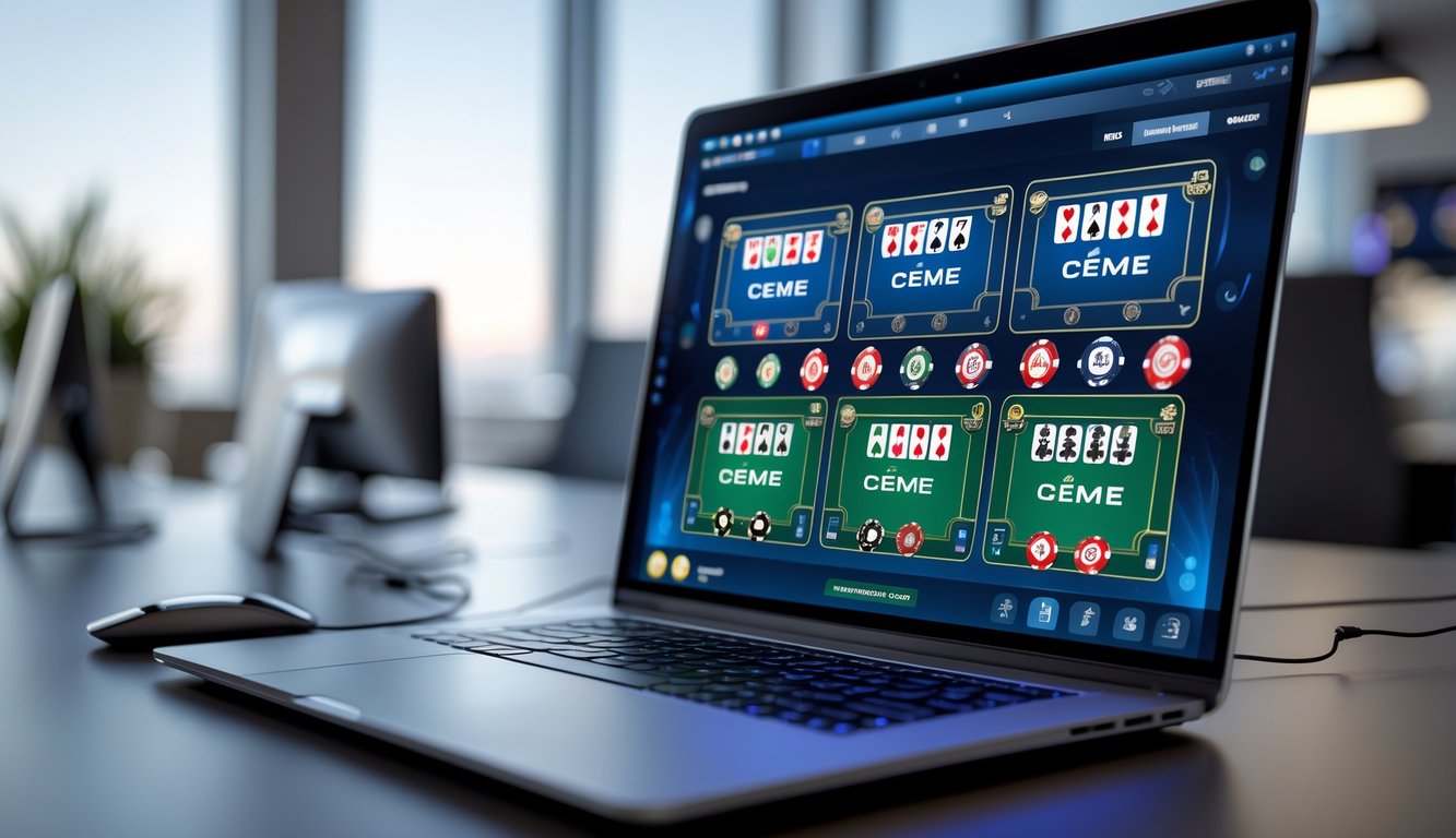 Layar komputer menampilkan beberapa meja permainan kartu digital dalam suasana ruang kerja modern.