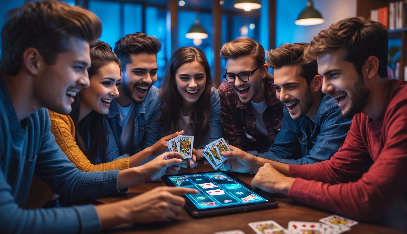 Sekelompok orang muda bermain game kartu online dengan antusias di sebuah ruangan yang nyaman dan terang.