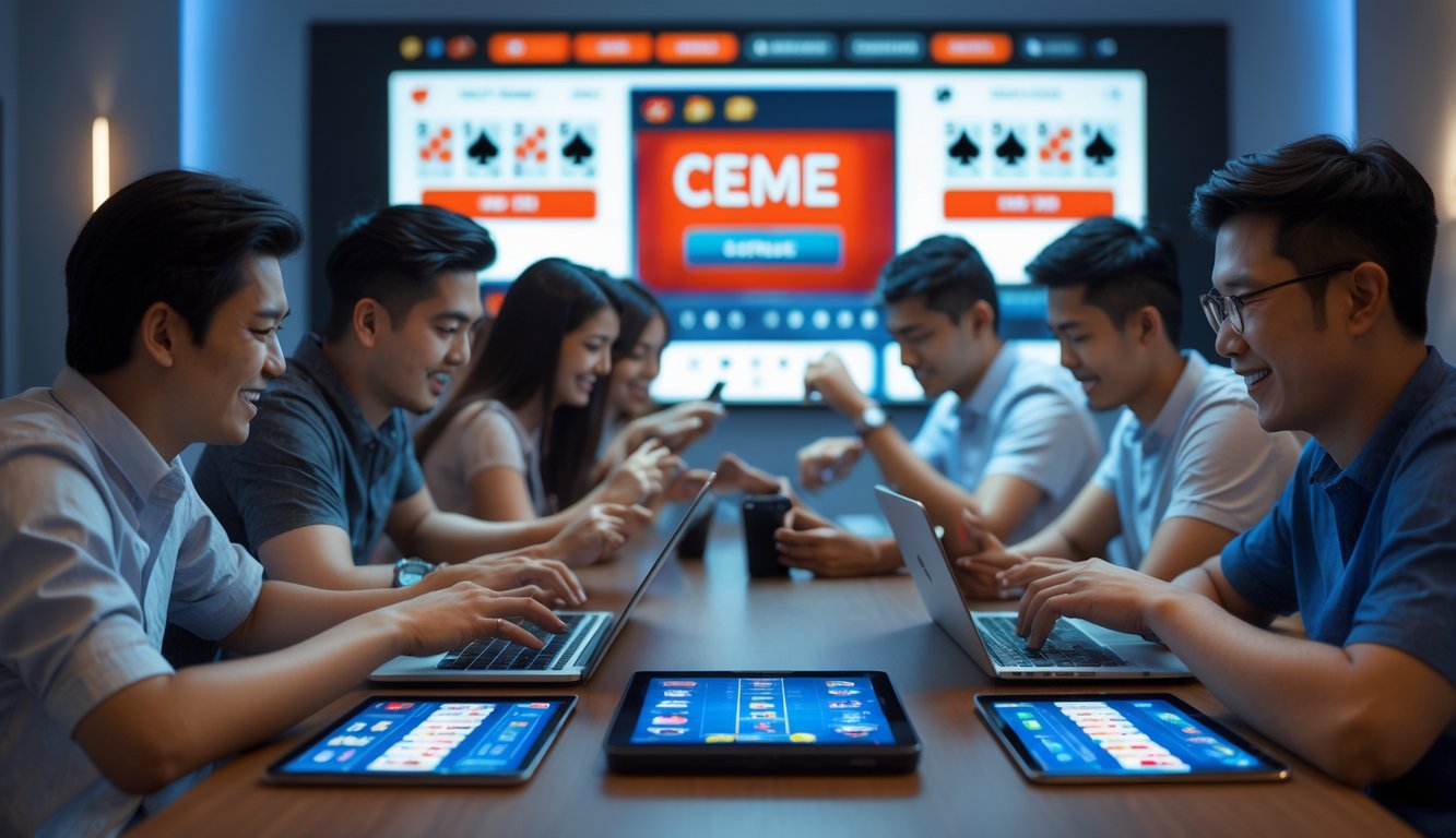 Beberapa orang muda menggunakan perangkat digital untuk bermain permainan kartu Ceme secara online di ruangan modern.