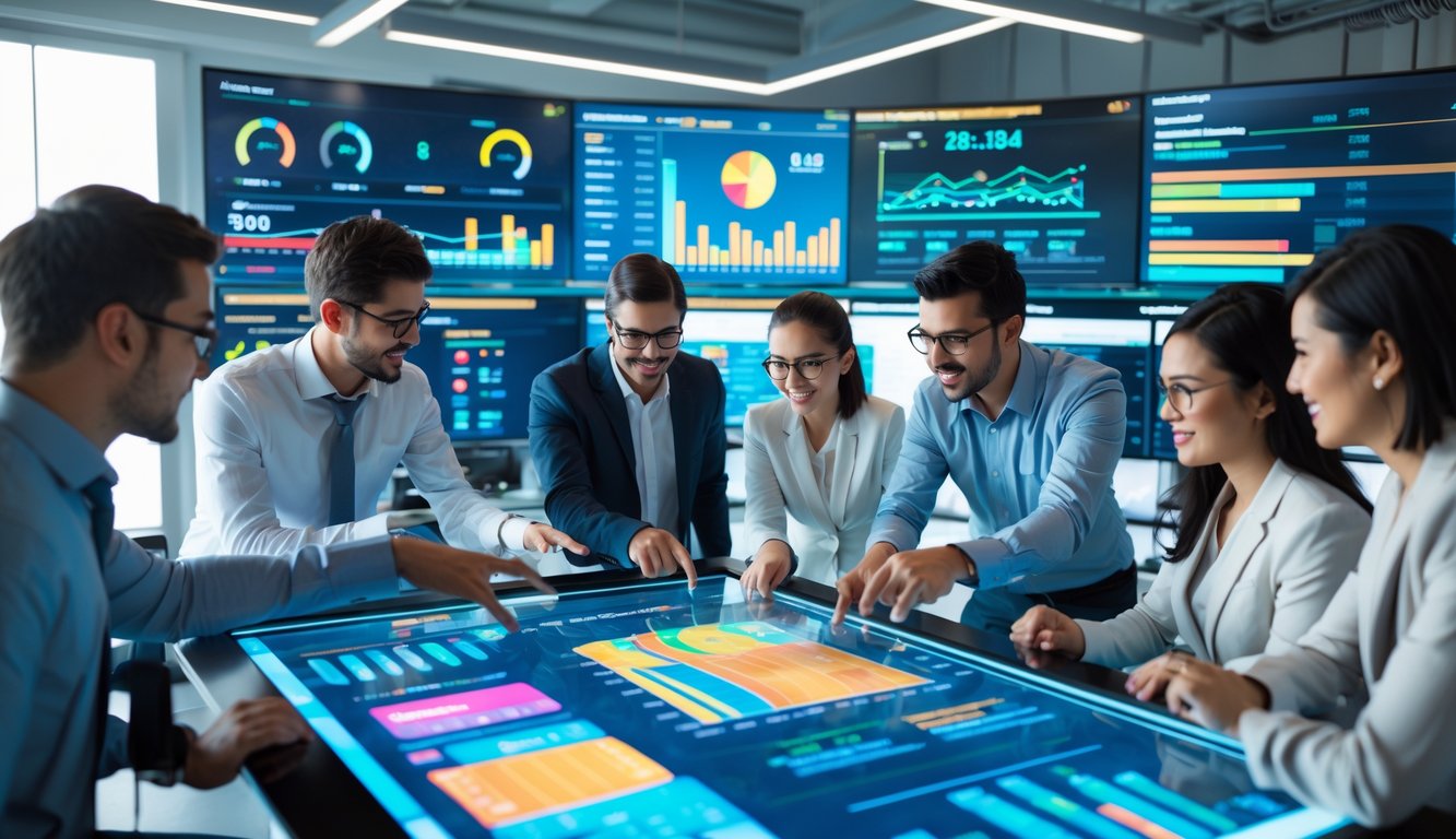 Beberapa profesional bekerja bersama di ruang kantor modern dengan layar digital besar yang menampilkan grafik dan statistik permainan online.