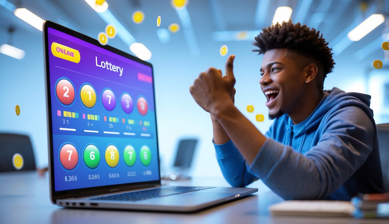 Seorang dewasa muda menggunakan laptop di meja kerja yang rapi dengan tampilan antarmuka permainan lotre online di layar.