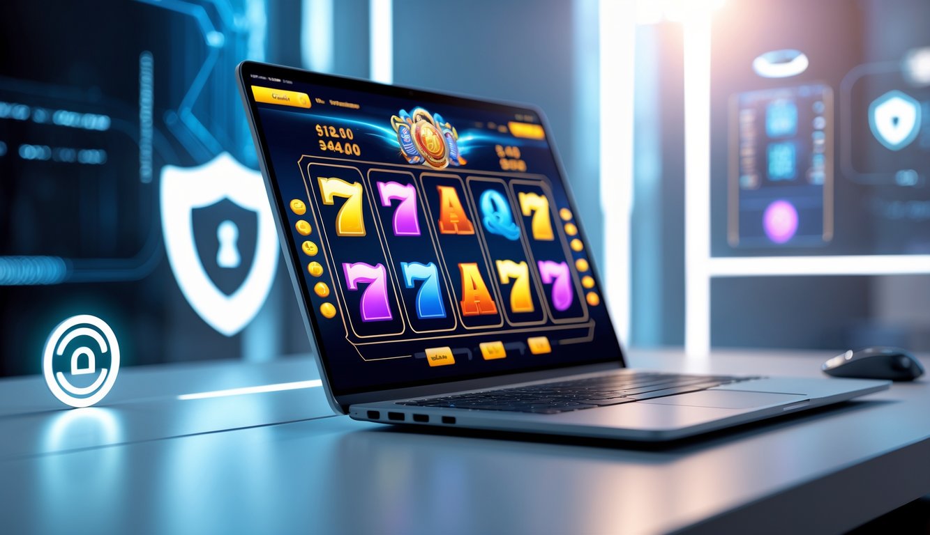 Seorang pengguna sedang bermain game slot online di komputer dengan tampilan layar penuh warna dan simbol permainan yang menarik.