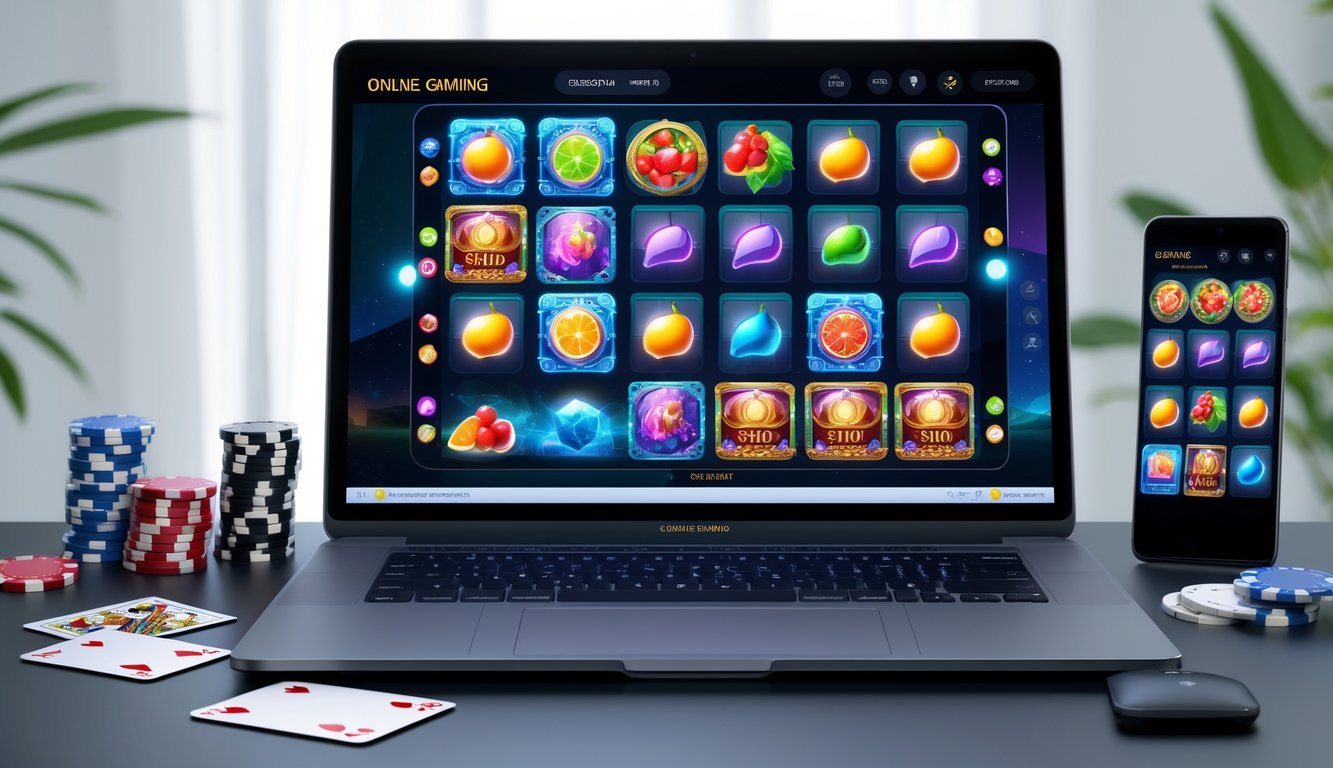 Sebuah laptop dengan layar menampilkan berbagai tema permainan slot online yang berwarna-warni, dikelilingi oleh chip poker dan kartu remi di atas meja.