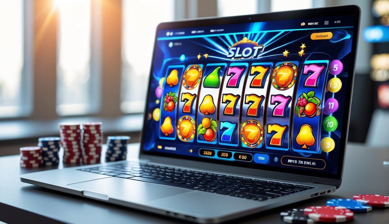 Layar laptop menampilkan permainan slot online dengan gulungan berputar cepat di meja kerja yang rapi.