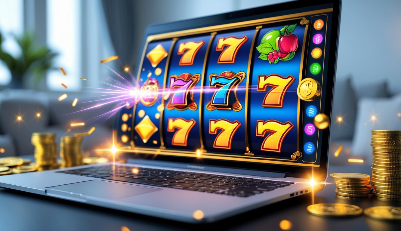 Layar komputer menampilkan permainan slot online dengan simbol warna-warni dan koin emas di sekitarnya.