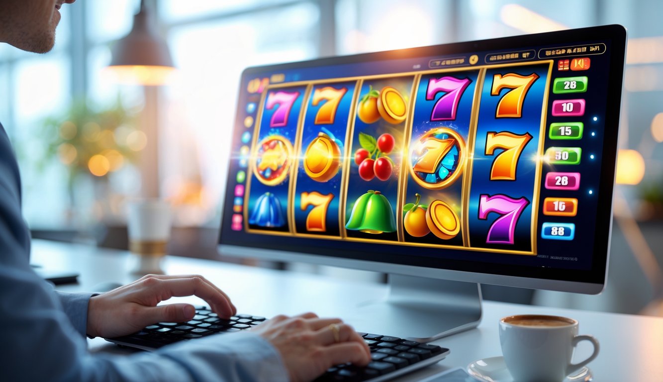 Layar komputer menampilkan permainan slot online yang berwarna-warni dengan simbol berputar, di sebuah ruang kantor modern dengan tangan seseorang siap bermain.