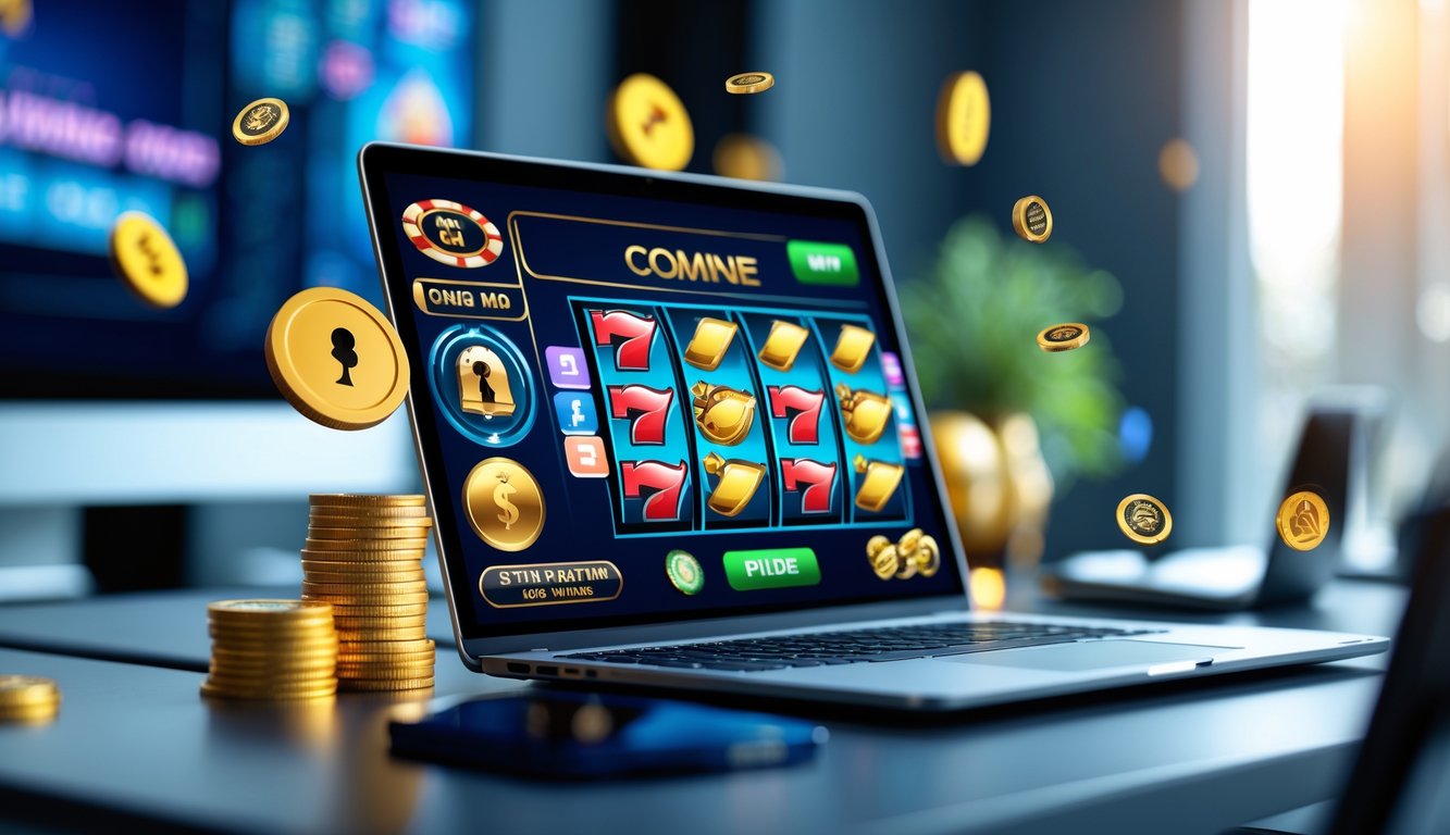 Seorang pengguna sedang bermain mesin slot online di laptop di meja kerja yang rapi dan terang.