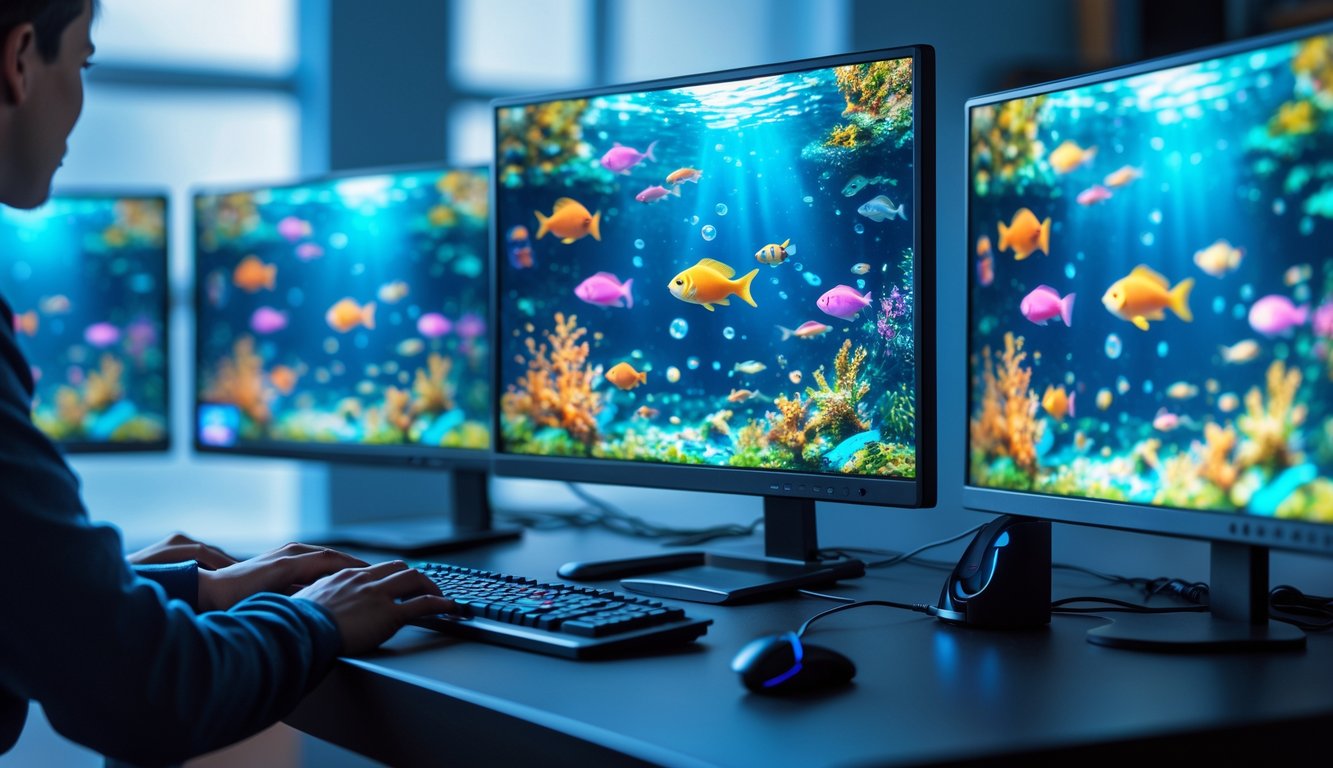 Seorang pemain menggunakan komputer dengan layar menampilkan permainan tembak ikan berwarna-warni di suasana ruangan dengan pencahayaan biru lembut.