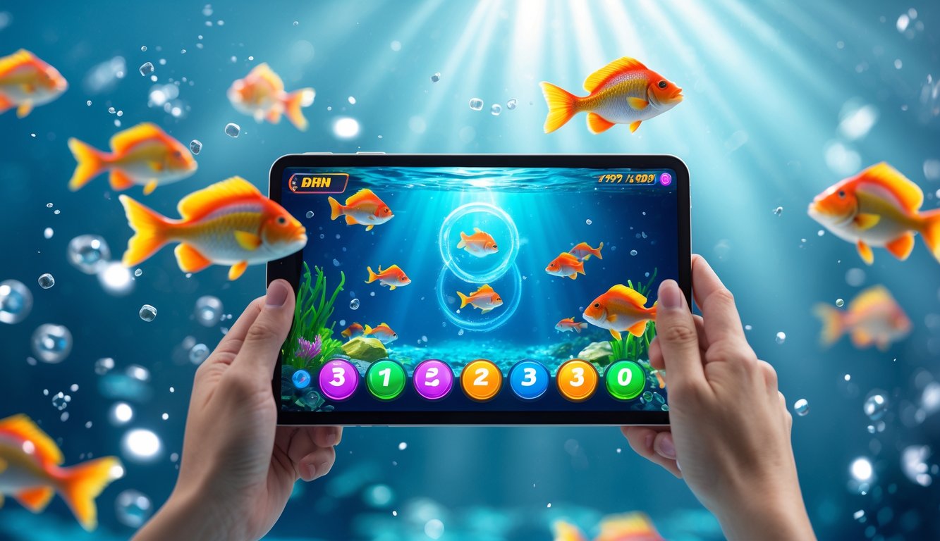 Tampilan layar permainan tembak ikan digital dengan ikan berwarna-warni dan tombol interaktif dalam suasana bawah laut.