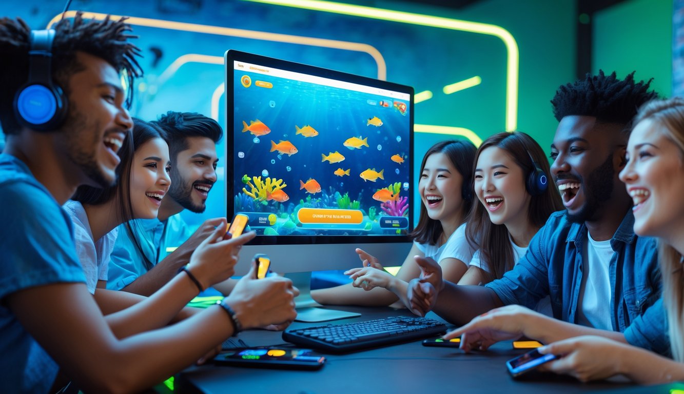 Orang-orang muda bermain game tembak ikan di komputer dan ponsel dengan latar ruangan bermain yang terang dan berwarna-warni.