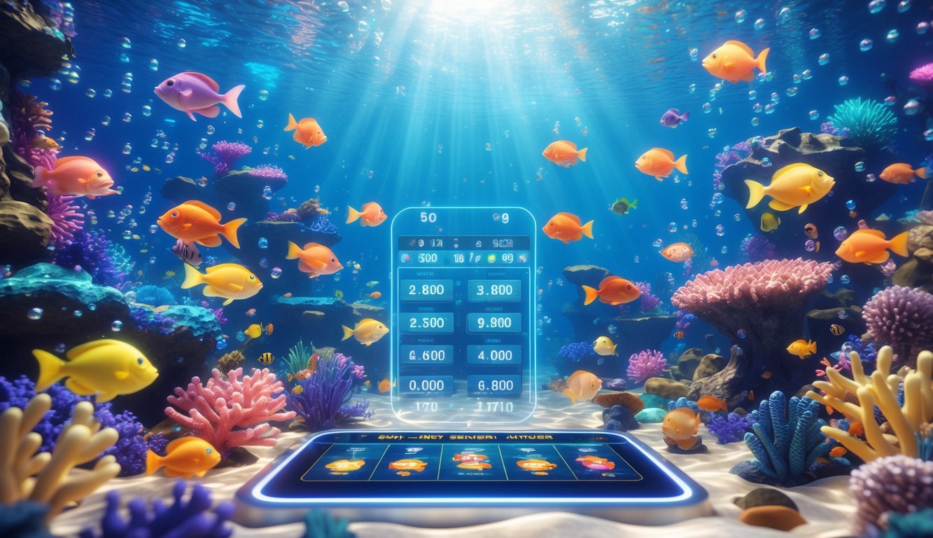 Pemandangan bawah laut yang penuh warna dengan berbagai ikan dan terumbu karang, serta antarmuka permainan modern yang menunjukkan variasi game.