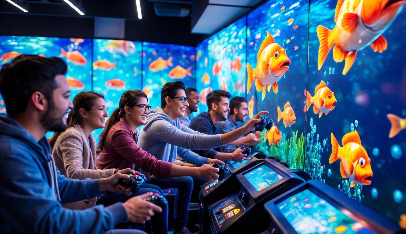 Orang-orang sedang bermain game tembak ikan interaktif di ruang arcade dengan layar berwarna-warni dan suasana yang ceria.