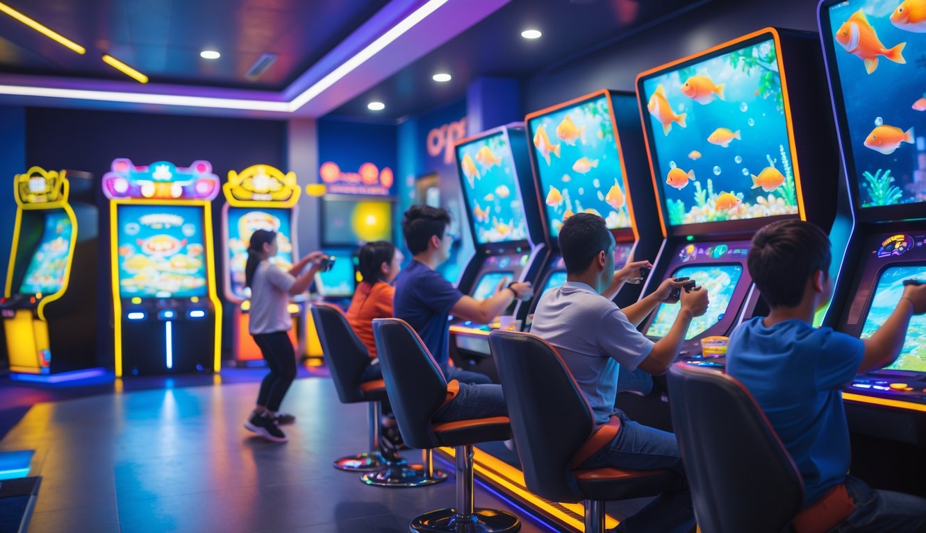 Pusat permainan arcade dengan orang-orang bermain game menembak ikan di layar warna-warni.