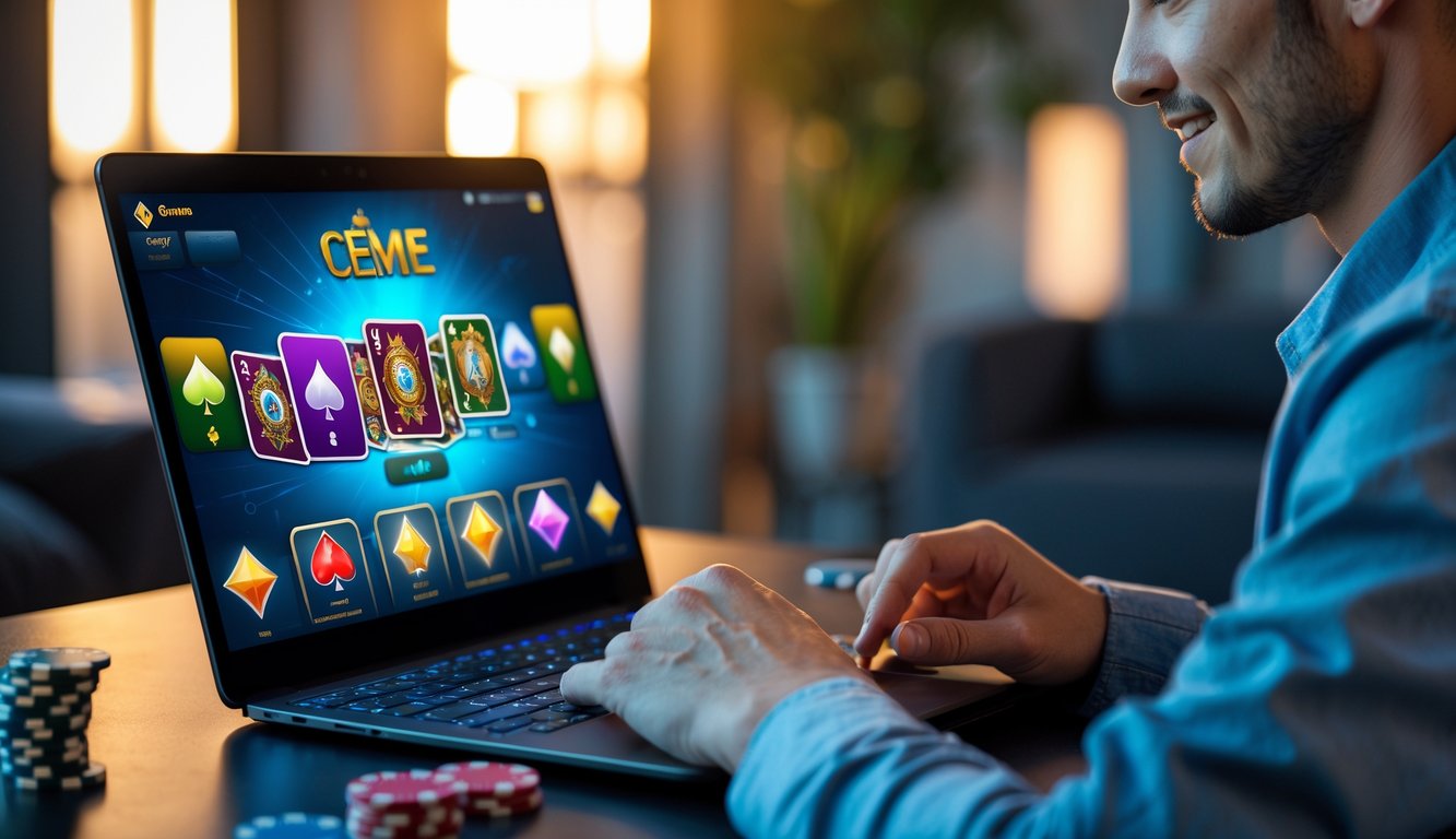 Seseorang duduk di meja dengan laptop memainkan permainan kartu online Ceme dengan tumpukan chip di dekatnya.