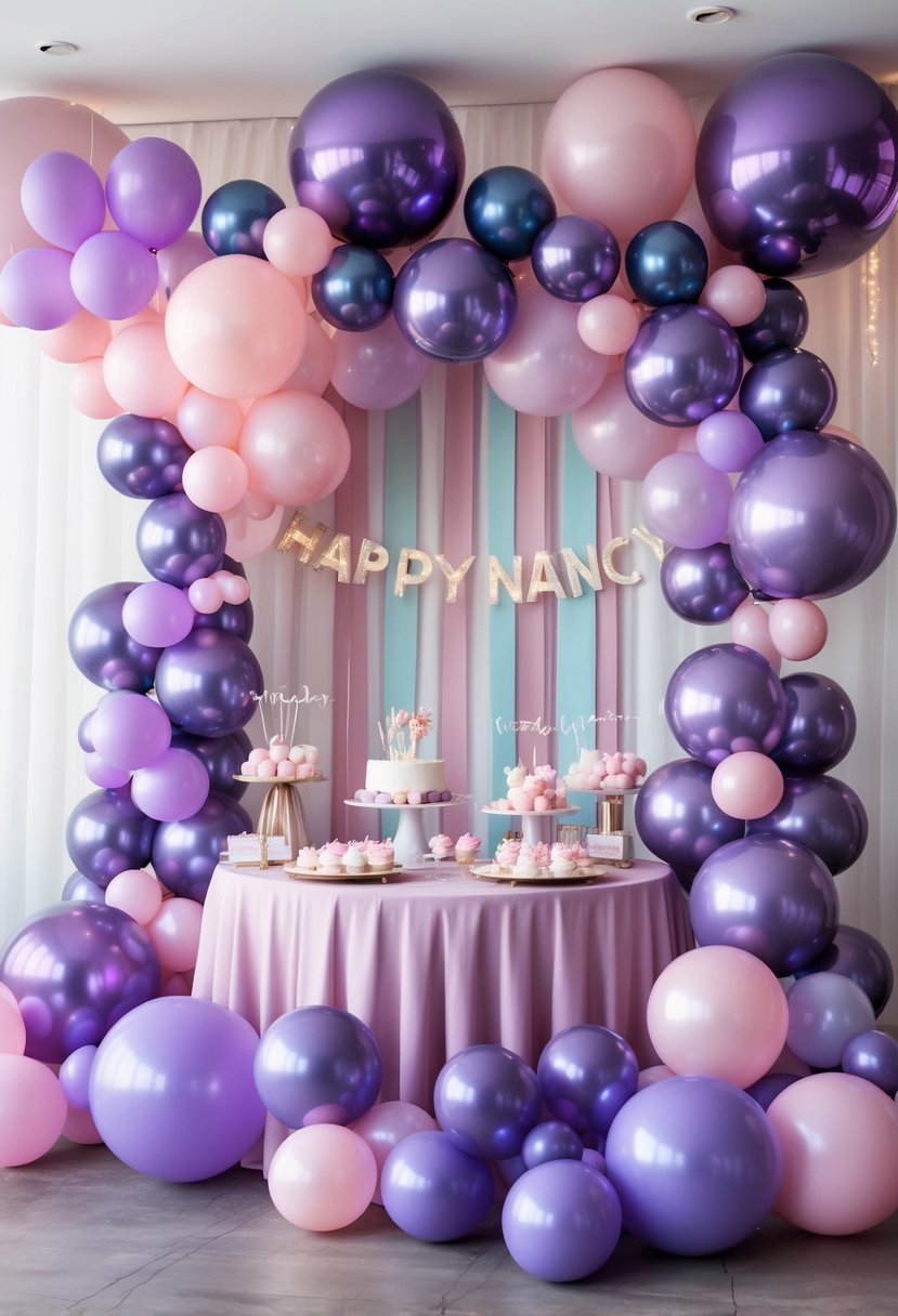 A birthday party scene with purple and pink balloon garlands and festive decorations.