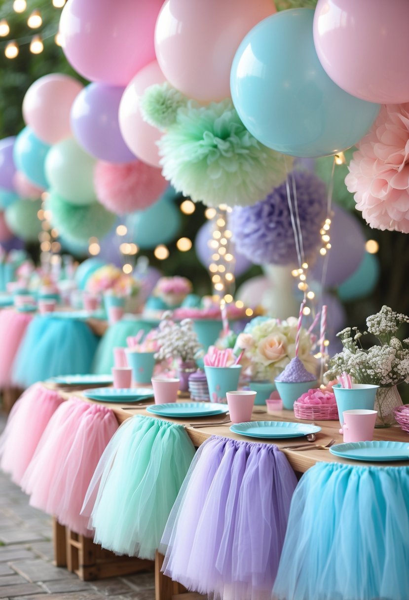 A birthday party setup with tables decorated with pastel-colored frilly tulle skirts, balloons, and floral arrangements.
