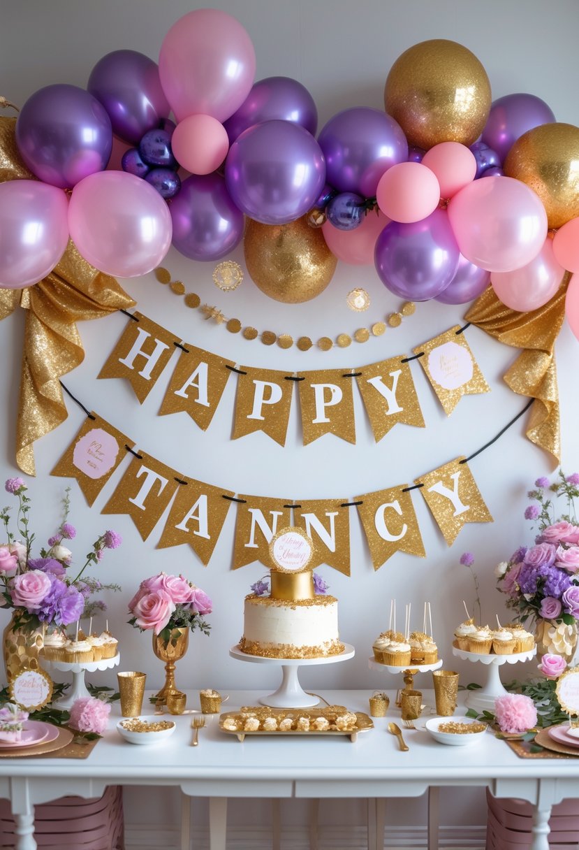 A decorated birthday party area with glittery gold banners, pink and purple balloons, floral arrangements, and elegant table settings.