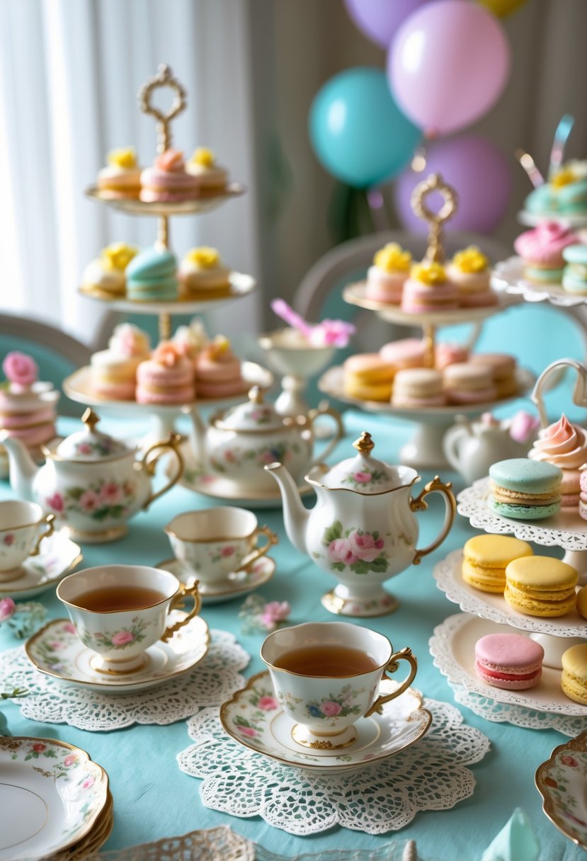 A beautifully arranged tea party table with porcelain tea sets, tiered trays of sweets, and pastel birthday decorations.