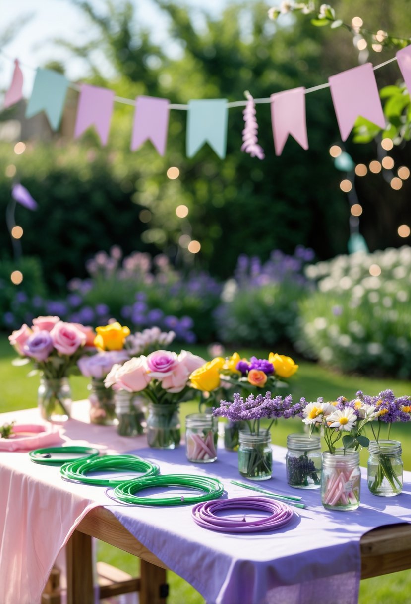 A colorful DIY flower crown station with fresh flowers, floral supplies, and partially made crowns set up outdoors for a children's birthday party.