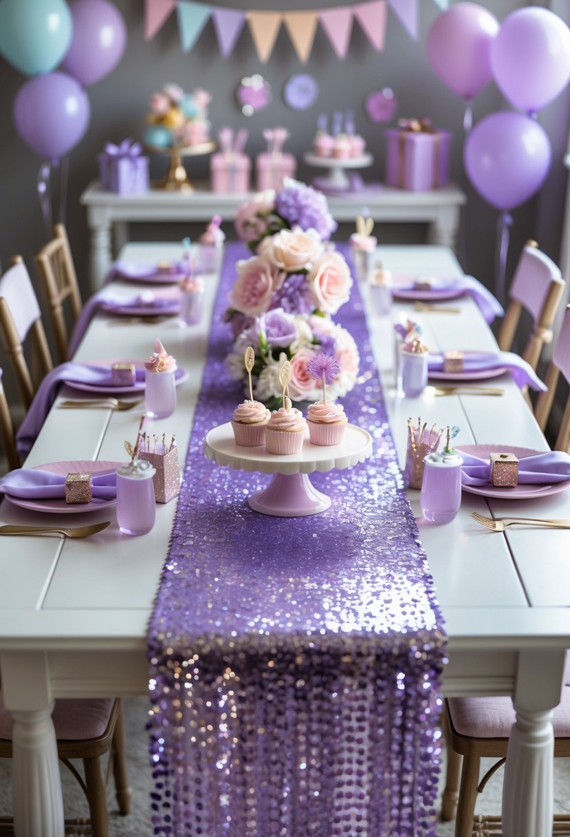 A birthday party table decorated with lavender sequined runners, balloons, floral centerpieces, and themed party accessories.