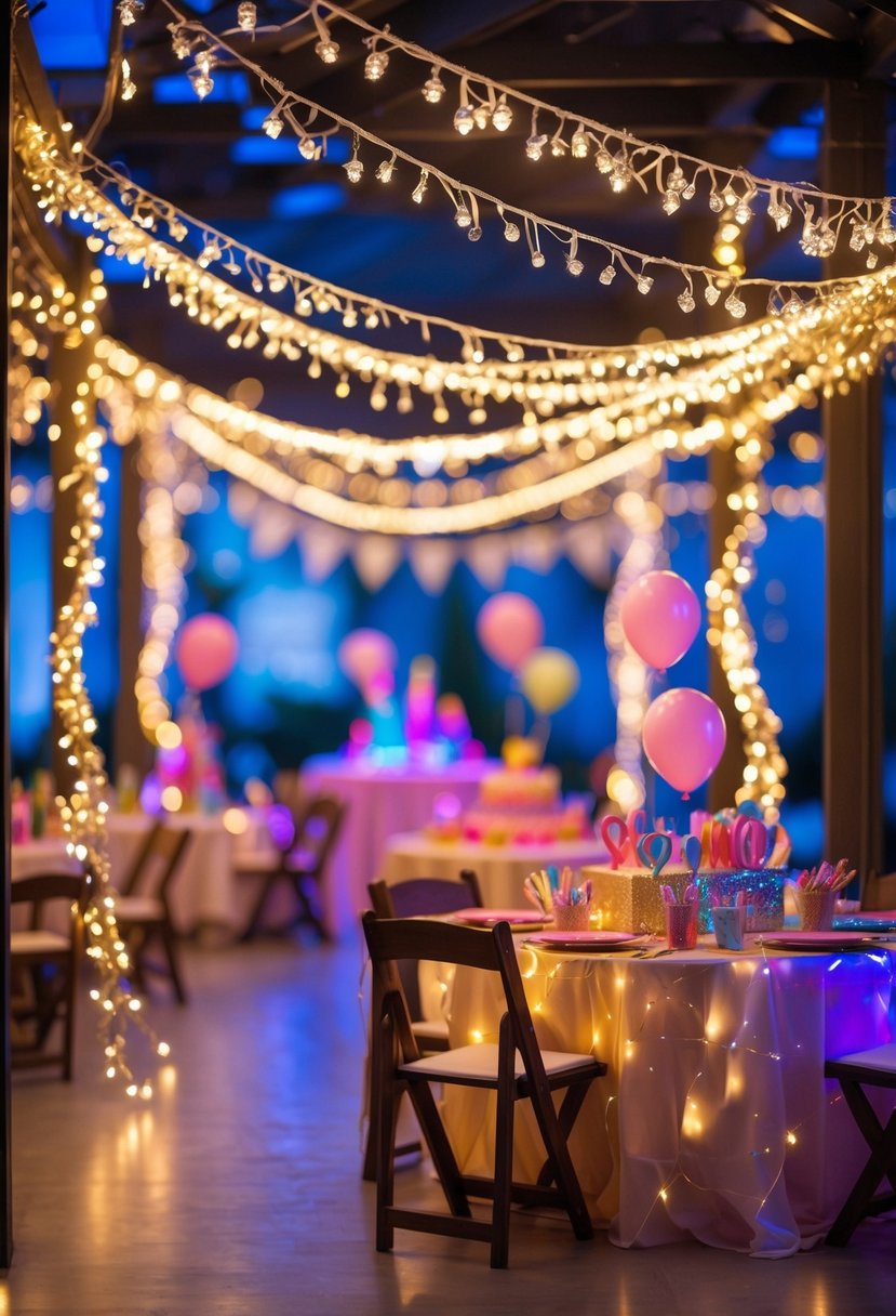 A birthday party area decorated with metallic fairy lights and colorful Fancy Nancy themed decorations.