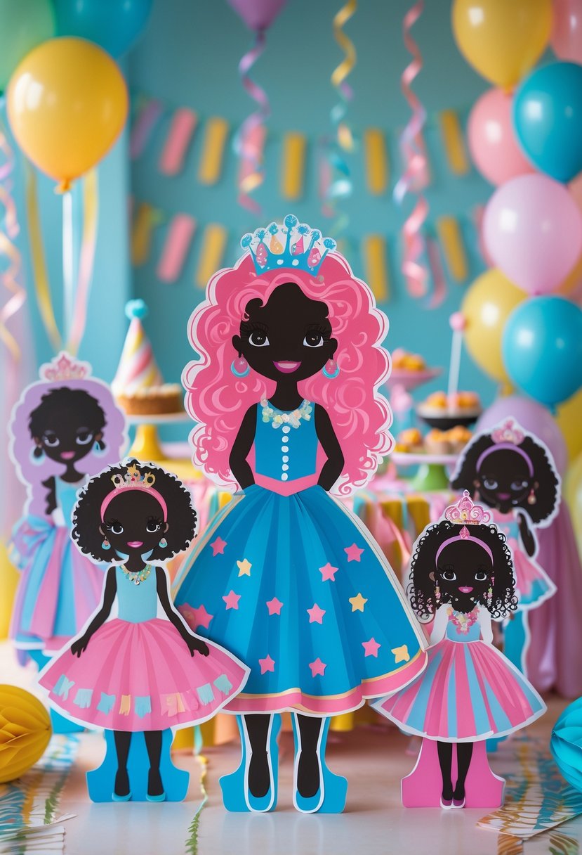 A birthday party scene with multiple colorful silhouette cutouts of a girl in a fancy dress, surrounded by balloons and decorations.