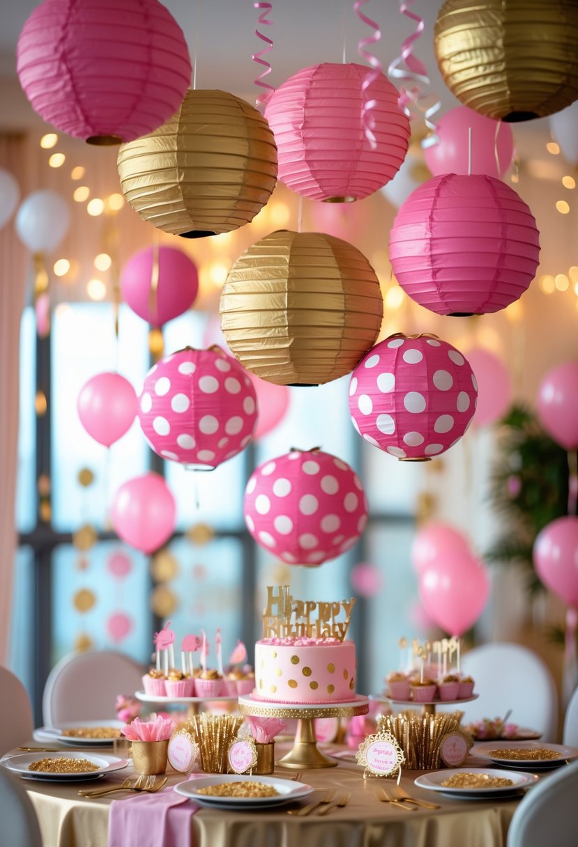 A birthday party scene decorated with pink and gold polka dot paper lanterns hanging from the ceiling, with balloons and a decorated table in the background.