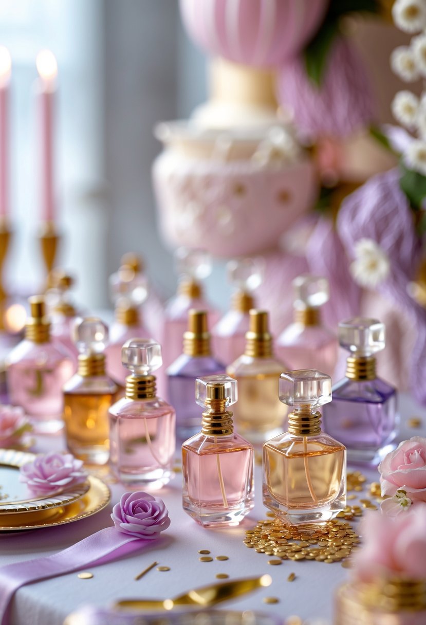 A table decorated with miniature perfume bottles as party favors surrounded by birthday party decorations including ribbons, flowers, and confetti.