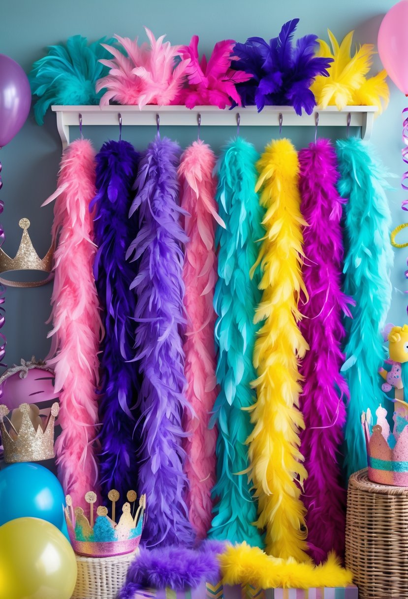 Colorful feather boas hanging in a dress-up corner decorated with party accessories and birthday decorations.