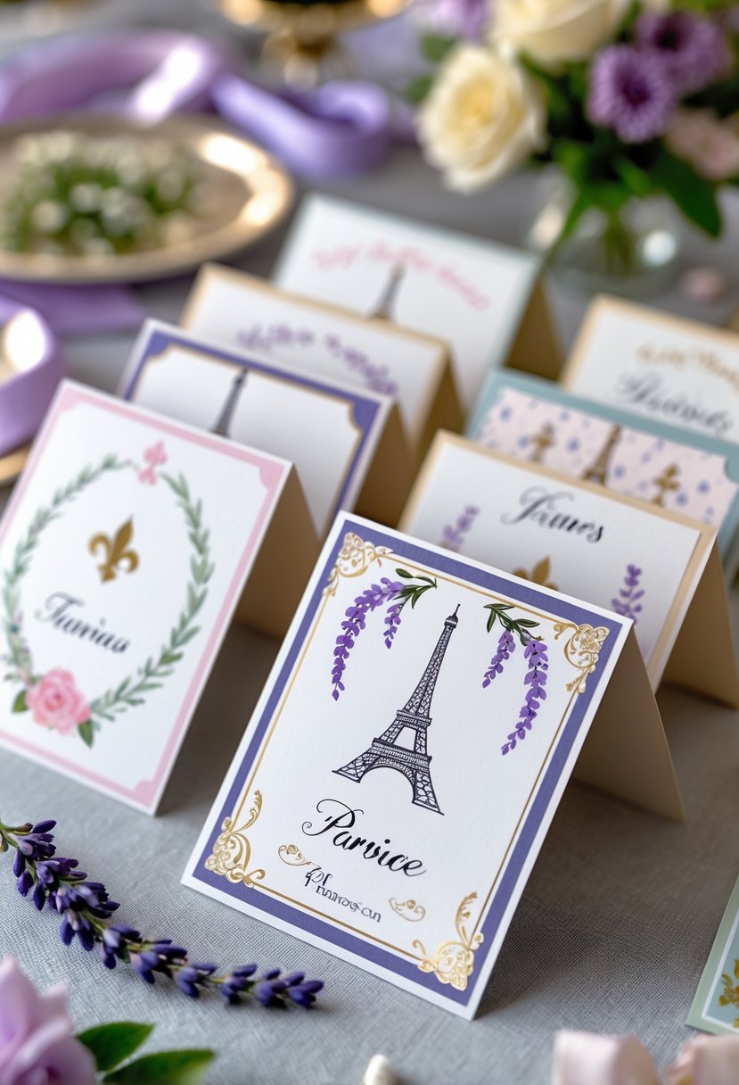 A table displaying personalized name tags decorated with French-themed designs and surrounded by birthday party decorations.