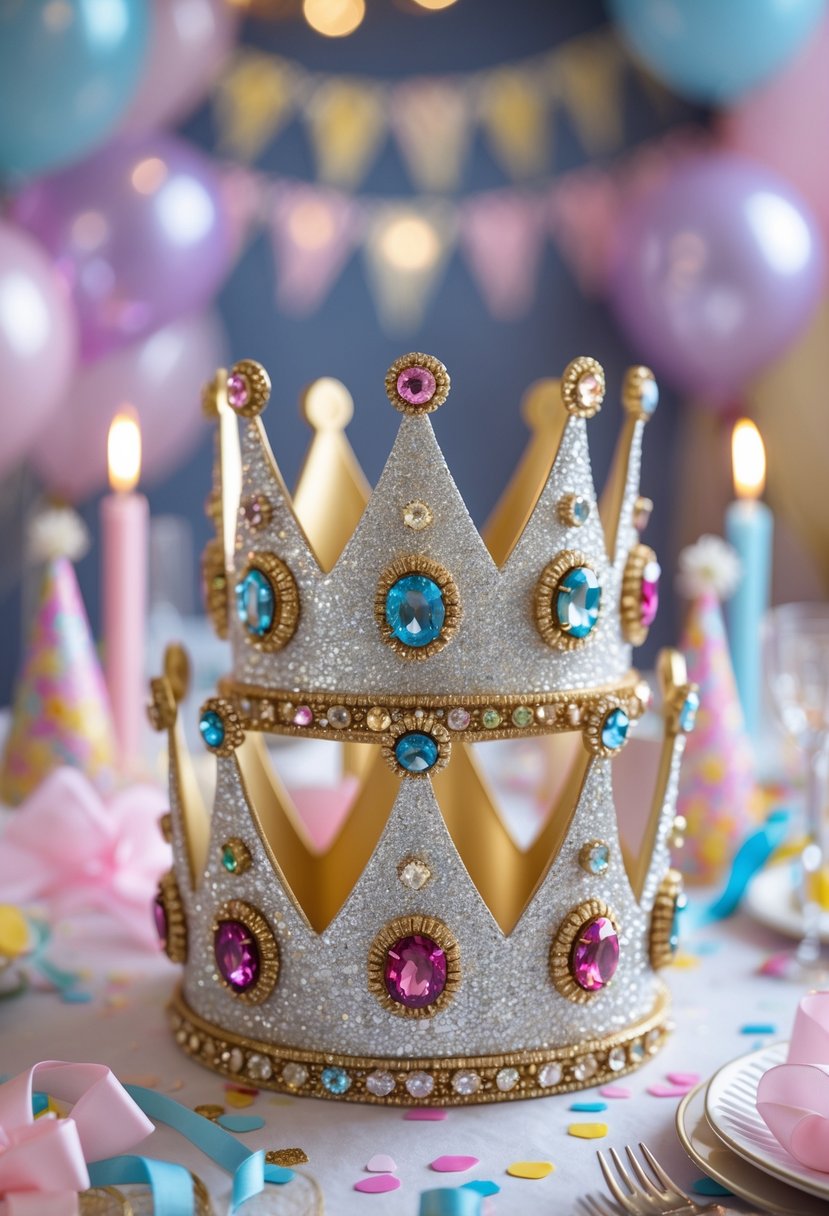 A table decorated with sparkling crown centerpieces featuring colorful faux jewels surrounded by birthday party decorations.